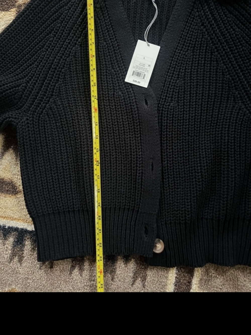 Black Ribbed V-Neck Button Cardigan Sweater, L - Picture 3 of 4